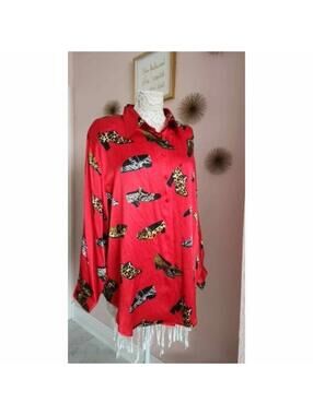 NWT vintage Jessica Holbrook 100 silk red shoe leopard blouse 1X